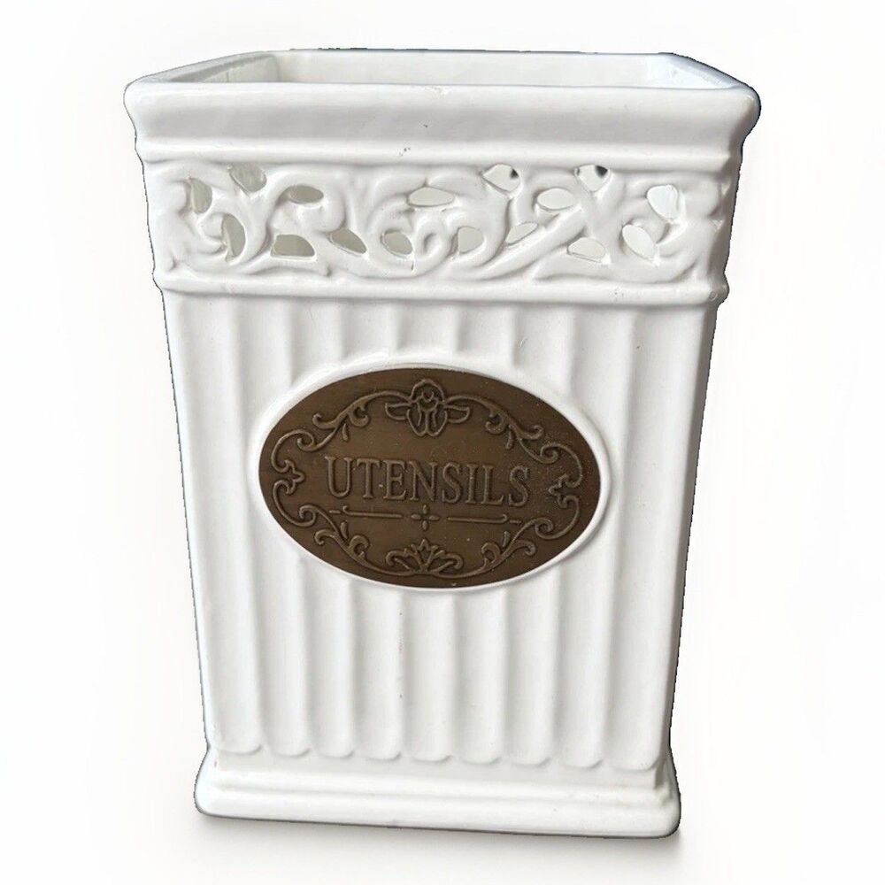 THL White Ceramic Utensils Holder Canister Jar Farmhouse Lattice Shabby Chic